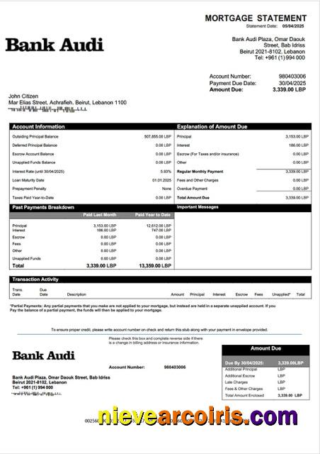Lebanon Bank Audi mortgage statement Word and PDF template